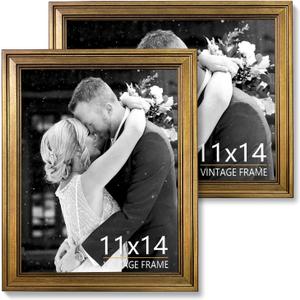 Vintage Gold 11x14 Picture Frame Set of 2 for Wedding Family Baby Photos, HD Acrylic Glass Photo Frame for Wall or Tabletop Display, Elegant Home Decor