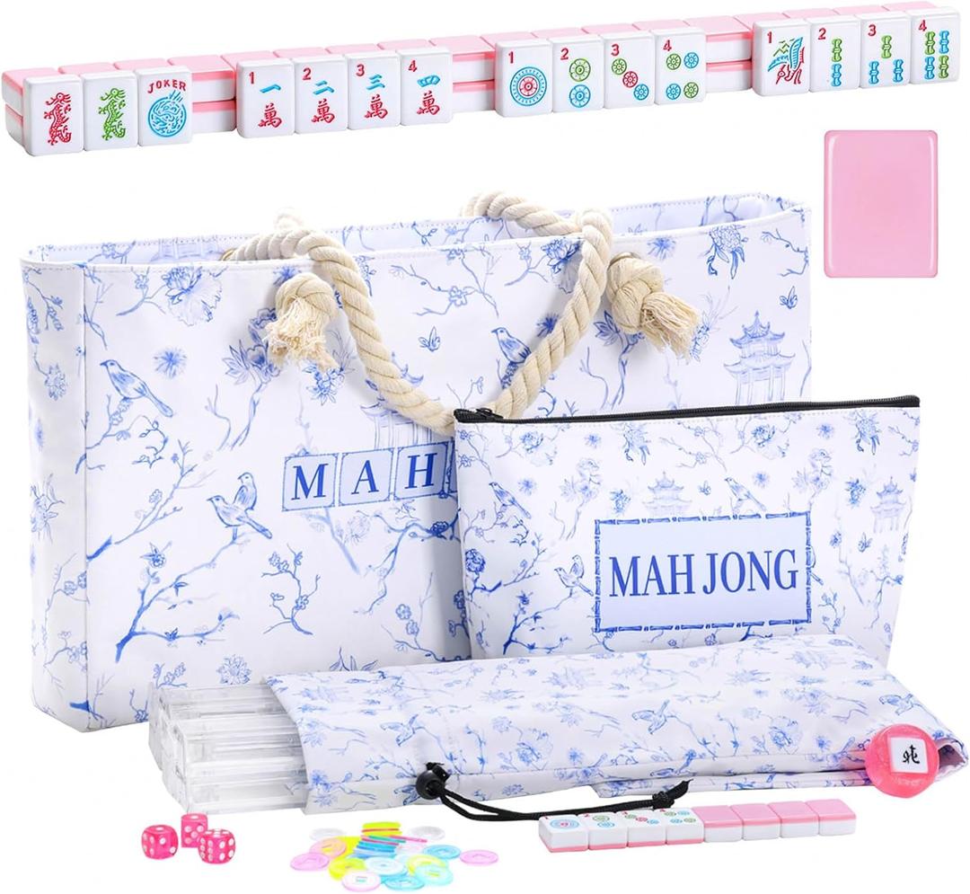 TIASUSAN American Mahjong Set: 166 Pink Tiles, 4 Clear Racks with Pushers, White Mahjong Bag and Accessories, Mahjong Tile Set for Beginners (Mah-Jongg)