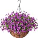 Ammyoo Artificial Faux Hanging Plants Flowers Basket for Spring Outdoor Decoration, Fake Silk Daisy UV Resistant Look Real with Eucalyptus Leaves Summer Outside Decor for Home Patio Garden