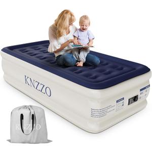 KNZZO Air Mattress Twin with Built-in Pump, Blow Up Mattress with Soft Flocked Top, Leakproof Inflatable Mattress, Foldable Waterproof Air Bed for Home, Guests, Camping, with Storage Bag (Deep Blue)