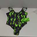 Womens One Piece Flame Print High Cut Bodysuit Swimsuit Bikini Swimwear Bathing Suit Rave Costume (Small, Neon Green)