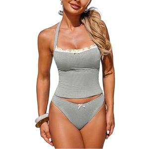 ZAFUL Halter Tummy Control Swimsuits for Women Strapless Tankini 2026 Resort Vacation Bowknot Two piece Set for Teens S