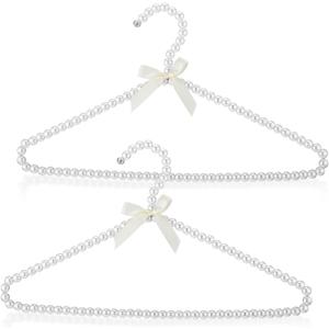 Threan 2 Pcs 16 Inch Pearl Clothes Beaded Clothing Hanger with Ribbon Bowknot Metal Elegant Clothes Standard Hanger for Women Bride Wedding Dress Coat Shirt (White)