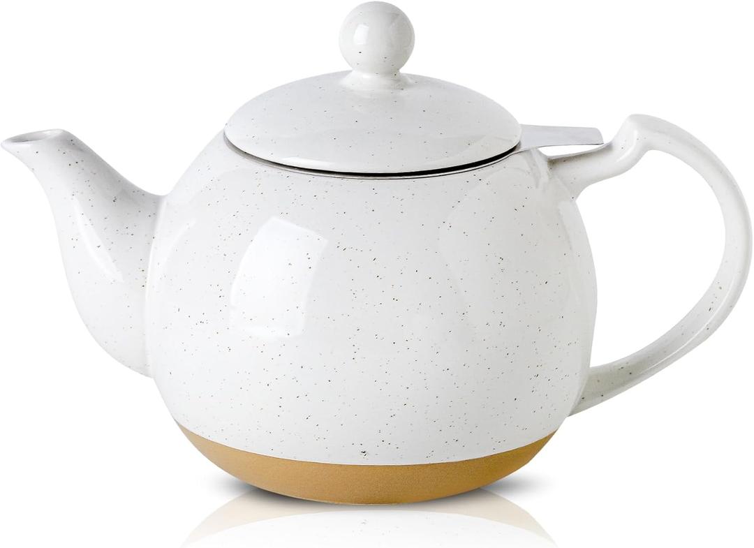 HVH 34 oz Porcelain Teapot with Stainless Steel Infuser, Ceramic Tea pot with Infuser for Loose Tea, Enough For 6 Cups, High Tea Series, Farmhouse Style (White)