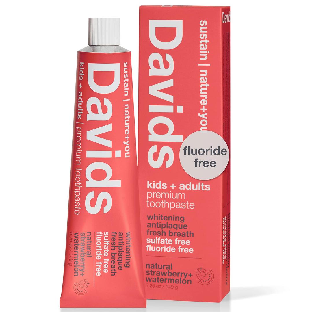 Davids Fluoride Free Kids & Adults Toothpaste, Teeth Whitening, Antiplaque, SLS (Sulfate) Free, Promotes Enamel Health, Mouth & Gum Detox, Natural Strawberry Watermelon, 5.25oz (5.25 Ounce (Pack of 1))
