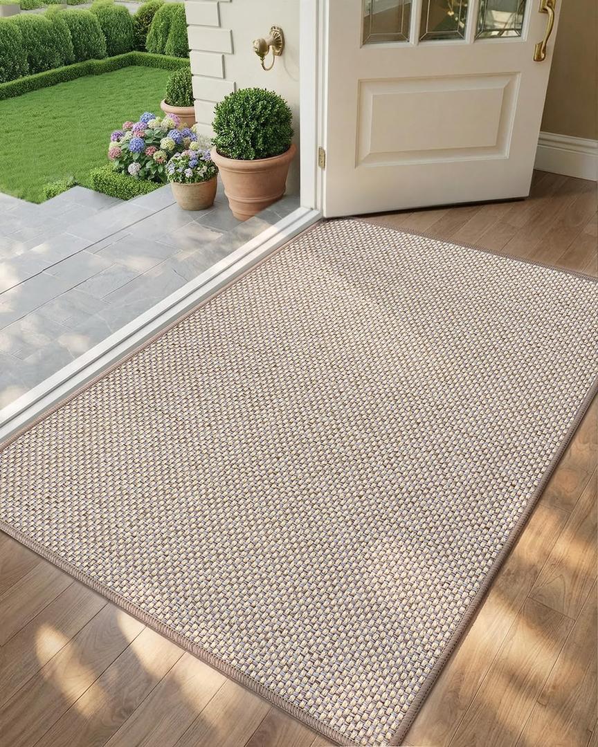Color&Geometry Ultra-Thin Indoor Door Mat, 48"x72" Low-Profile Non-Slip Entryway Rug with Modern Geometric Texture, Washable Doormat for Indoor Entrance, Front Door, Khaki (Rolled-up NO Creases)