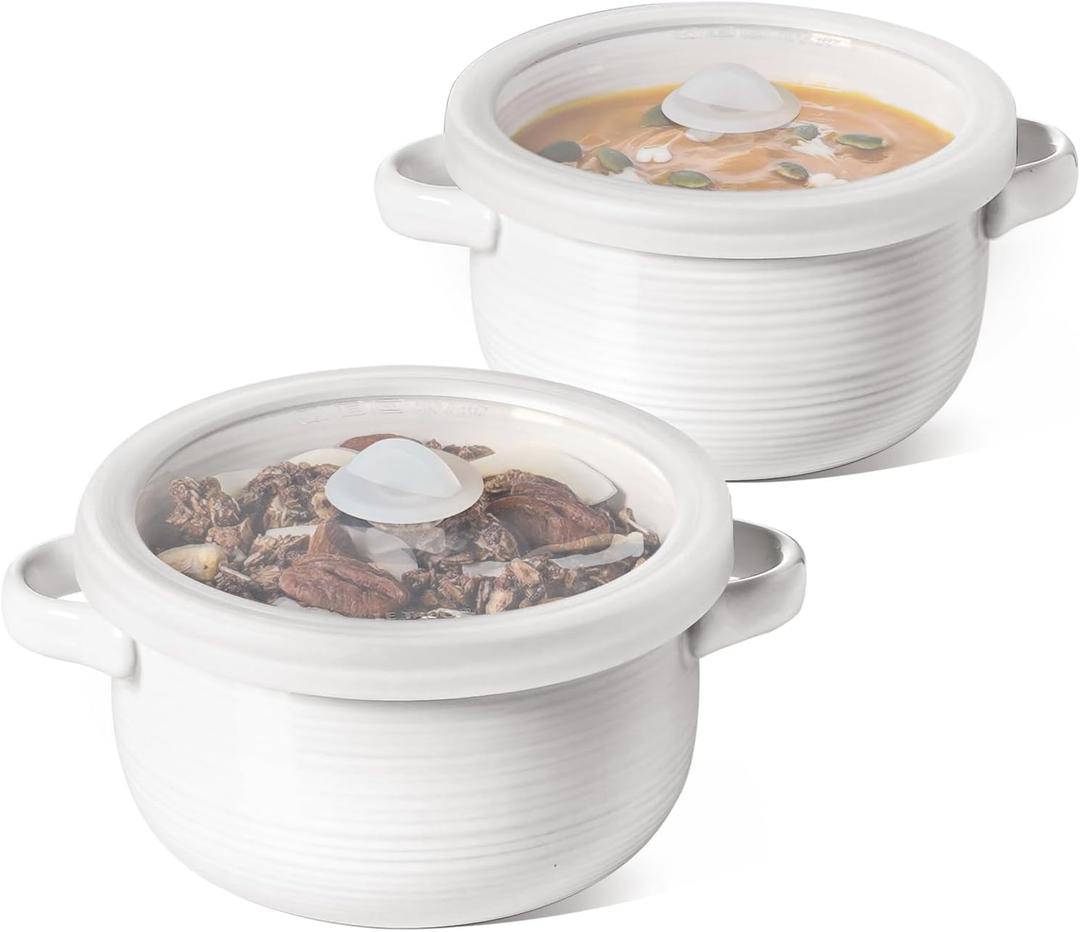 LE TAUCI Soup Bowls with Handles and Silicone Lids, 28 oz Ceramic Ramen Bowl Microwavable, Oven Safe French Onion Soup Bowls for Noodles and Cereal, Lead & Cadmium Free Soup Crocks, Set of 2, White