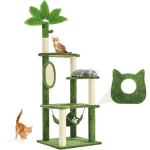 61" Cat Tree for with Green Leaves, Multi-Level Large Cat Tower with Hammock, Plush Cat House with Hang Ball Toy and Sisal Scratching Posts Furniture, Green