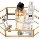 Hipiwe Mirror Glass Vanity Tray - Gold Ornate Makeup Vintage Octagonal Perfume Dresser Jewelry Trinket Organizer for Bathroom Storage Home Decor (8" x 5.7" x 1.8")