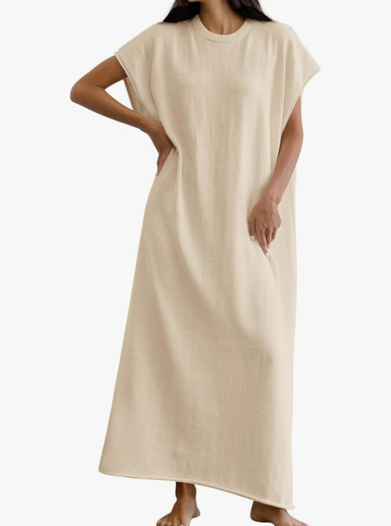 Womens Casual Short Sleeve Dress Summer Oversized Crewneck Loose Fit Knit Maxi Dresses, L