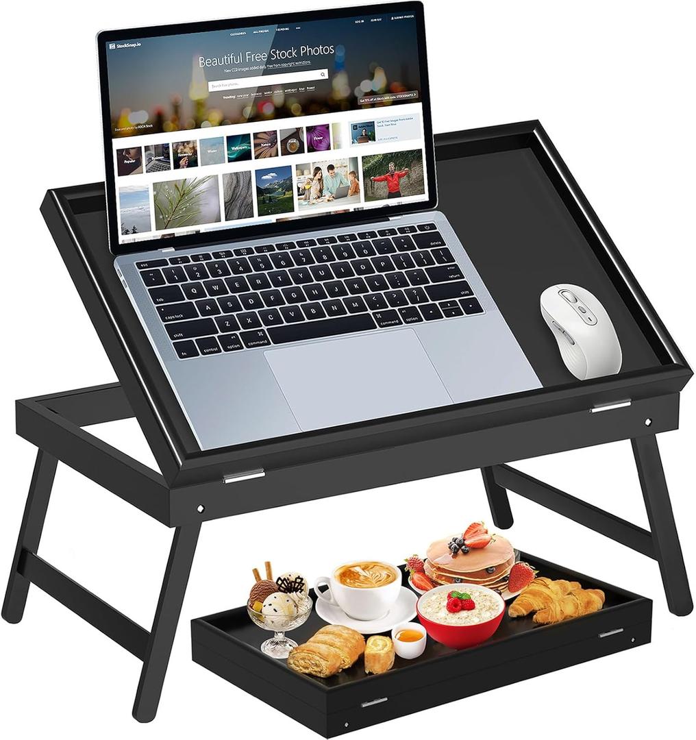 Bamboo Bed Tray Table,Breakfast Trays with Folding Legs,Kitchen Serving Tray for Sofa,Eating and Working,Used As Laptop Desk Snack Tray,Black