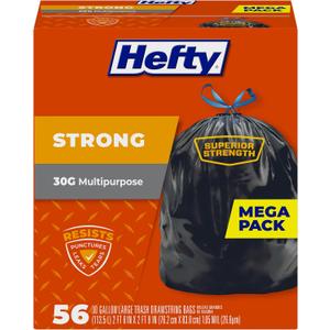 Hefty Strong 30 Gallon Trash Bags, Large Trash Bags 30 Gallon Size, Durable Drawstring Enclosure, Resists Punctures, Leaks, and Tears, Black, Unscented, 56 Bags