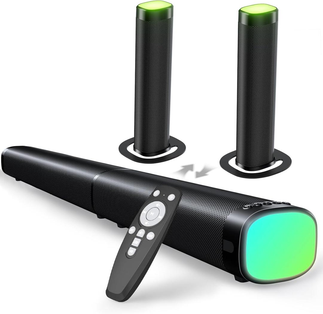 Sound Bar,100W Sound Bar for Smart TV with 3 RGB Lights Modes, Bluetooth 5.3, ARC/Opt/AUX Connect, Detachable 2-in-1 Speaker, 3 Equalizer Modes, Bass Surround Soundbar for TV/PC/Gaming/Projectors