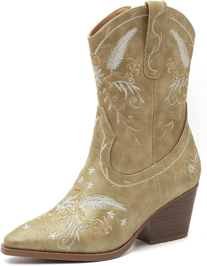 ANJOUFEMME Western Women's Cowboy Cowgirl Boots,Embroidered Round-toe Mid-calf Boots (8, Gold)