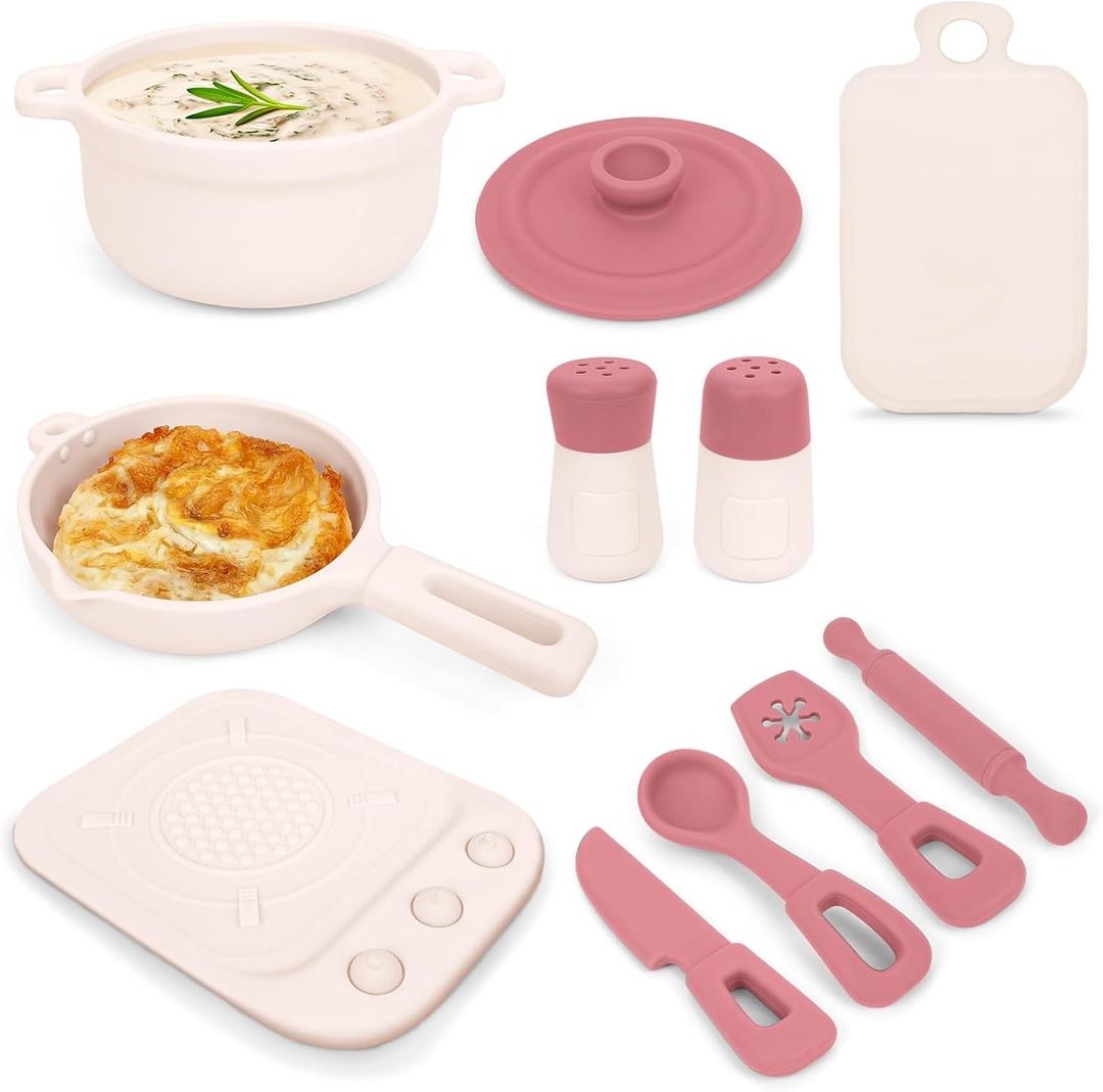 TYRY.HU 11Pcs BPA Free Kids Play Kitchen Accessories Toy, Silicone Pretend Play Food Sets,Cooking Toys Set with Pots & Pans,Pretend Cooking Toys, Montessori Learning Gifts for Toddlers 1-3,Pink