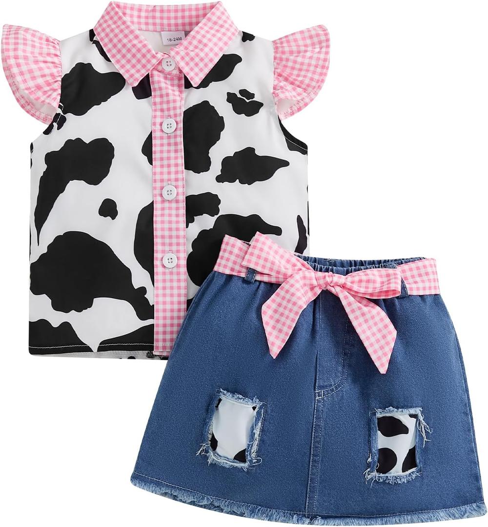 Toddler Cowgirl Outfit Girl Denim Skirt Set Cow Print Shirt Button Down Top and Skirt Kids Jeans Set Western Clothes 5-6Y