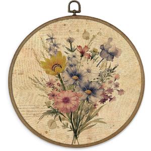 MAQIKA Boho Floral Framed Wall Art Decor, Vintage Botanical Prints, Farmhouse Wildflower Round Wall Hanging Decor, Pink and Blue Flower Canvas Prints Wall Art for Girls Dorm Room Bedroom, 10x10 Inch