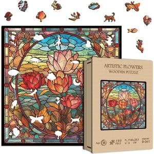 Wooden Stained Glass Flower Puzzles 180 Pieces, Vintage Floral ArtImpossible Hard Challenging Puzzles for Adults Kids, Colorful Wood Stained Glass Jigsaw Puzzle Painting as Wall Art Decor