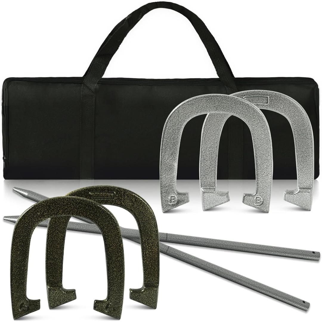 Horseshoes Outside Game - Steel Horseshoe Set - Yard Game Kit with 4 Heavy Duty Horseshoes, 2 Solid 24" Stakes & Carrying Bag - Classic Lawn Games for Adults, Backyard, Camping (Black/Sliver)