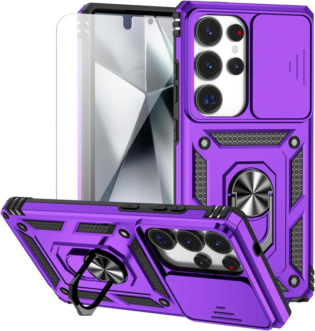 for Samsung Galaxy S25 Ultra Case with Camera Lens Cover HD Screen Protector, Military-Grade Drop Tested Magnetic Ring Holder Kickstand Protective Phone Case for Samsung Galaxy S25 Ultra (Purple)