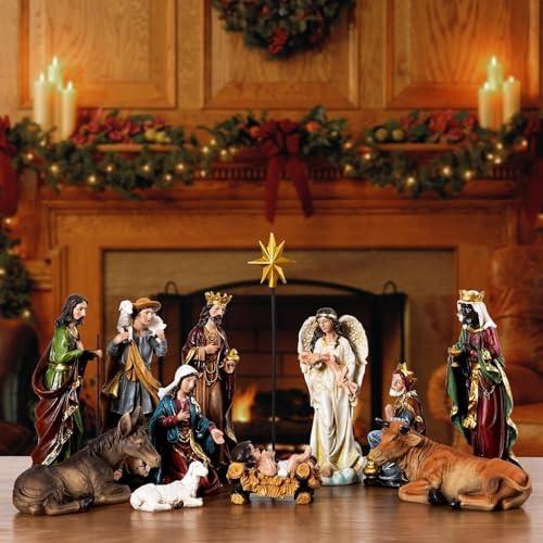 Famyards 11.8 Inch Nativity Set for Christmas Indoor 13 Pieces - Exquisite Resin Craftsmanship Nativity Scene Figurines for Table Collection Holiday Decor