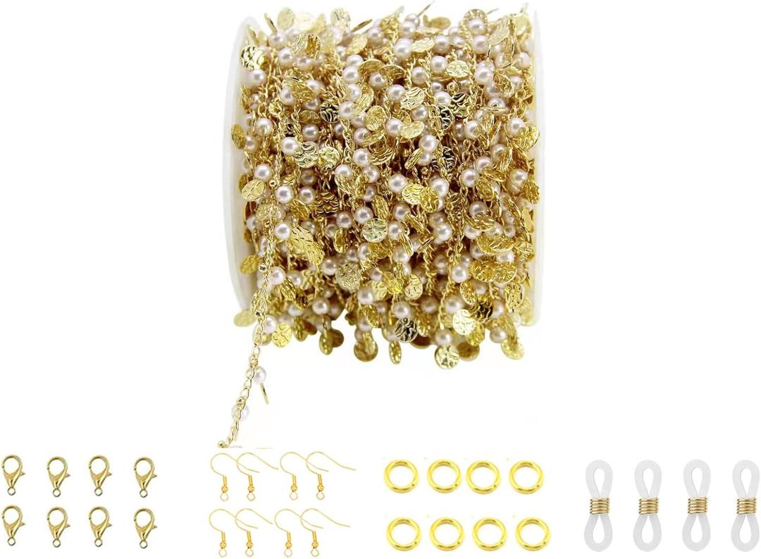 PAMIR TONG Pearl Beading Chain Beaded Rosary Link Chains for Craft DIY Bracelet, Necklace, Glass, Mask, Shoes, Clothes Decoration,Jewelry Making (CC29)