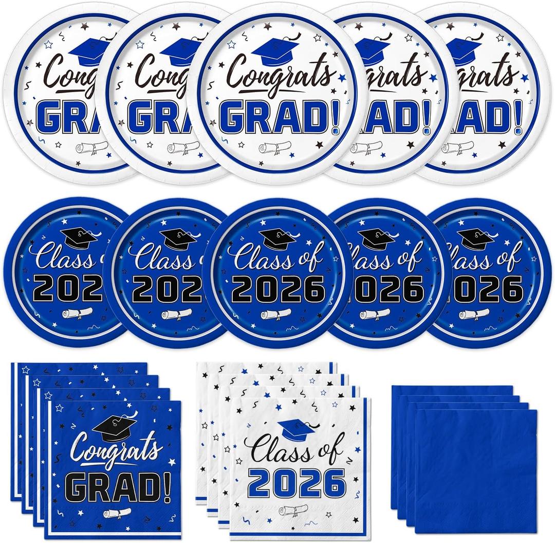 Graduation Party Supplies Kit Serves 50 - Graduation Party Blue Class of 2026 Tableware Disposable Dinner Plates Dessert Plates and Napkins for Congrats Grad Party Decorations