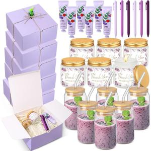 Reallnaive 6 Sets Baby Shower Prizes for Game Winners, Baby Shower Favors Including Glass Cup Scented Candles Hand Cream Pens Gift Box with Raffia for Gender Reveal Wedding Bridal Party Prizes (Purple)