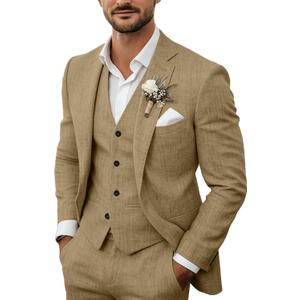 Men's 3 Piece Linen Suits Set Regular Fit Casual Lightweight Blazer Jacket Vest and Pants khaki M