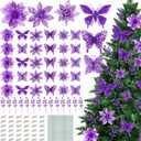 122 Pcs Christmas Glitter Poinsettia Artificial Flowers Berry Picks Butterfly Christmas Tree Ornaments 3 Styles Poinsettia kit with Clip for Xmas Wreath Home Tree Decor(Purple)