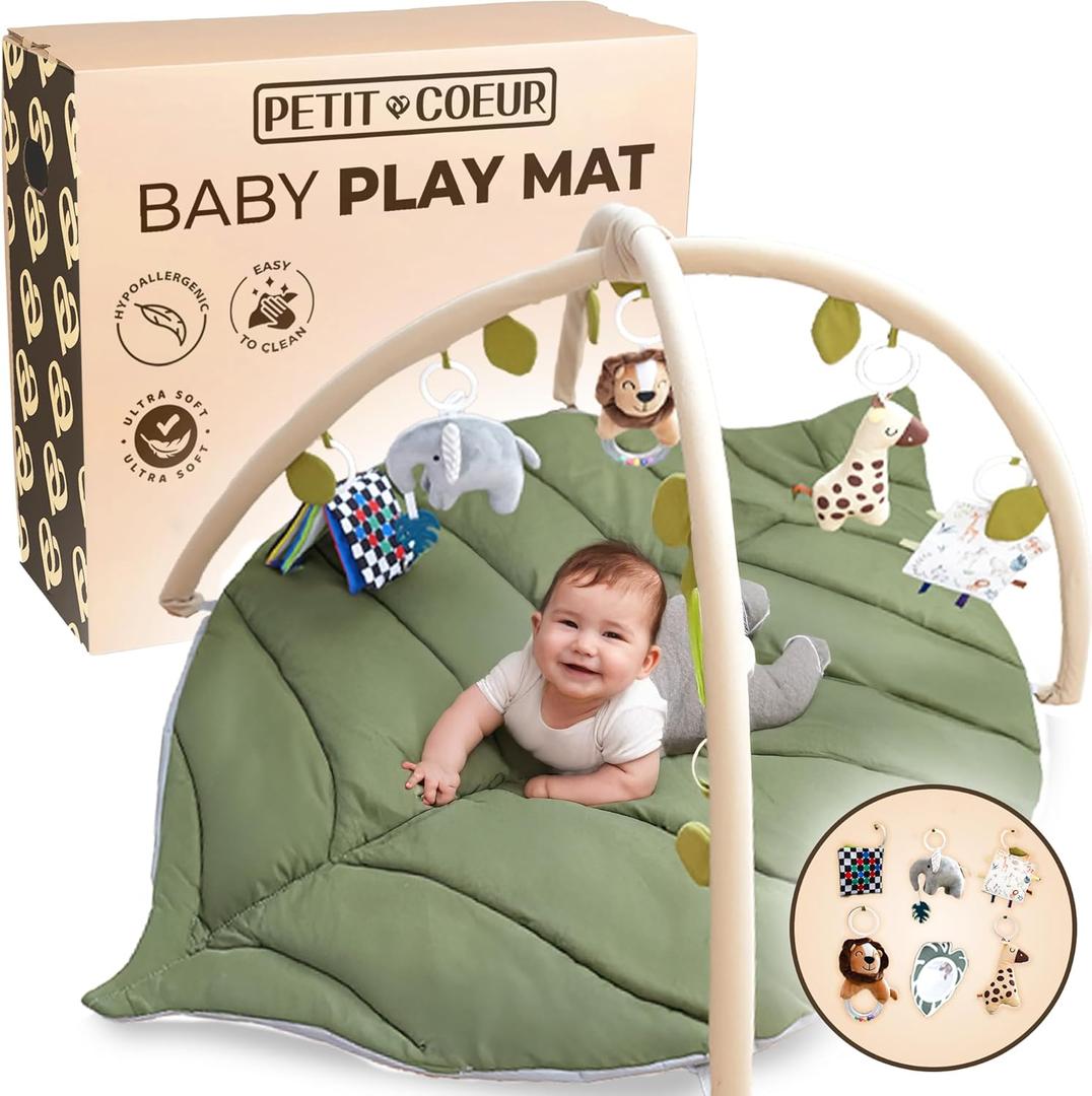 Baby Play Mat Newborn Babies to 18 Months - Leaf Shaped Baby Gym Play Mat with Detachable Hanging Toys for Babies - Playgym for Newborn Sensory Tummy Time Playmats & Floor Gyms for 0-18 Month Old