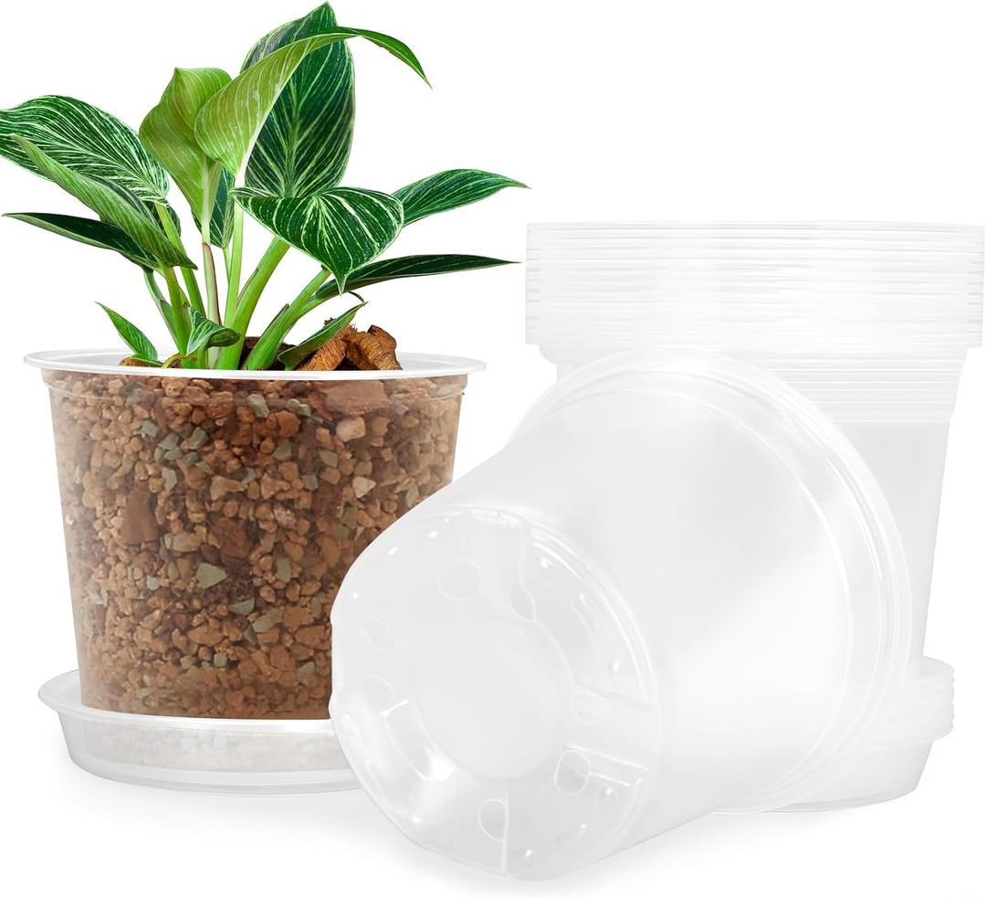FUIJOL 7 Inch Clear Nursery Pots for Plants with Sacuers 15 Pack, Plastic Flower Pots with Drainage Holes, Variety Pack Seedlings Garden Pot for Indoor Outdoor (7 inch)