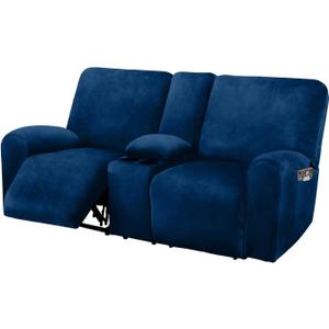 ULTICOR Reclining Love Seat with Middle Console Slipcover, 8-Piece Velvet Stretch Loveseat Reclining Sofa Covers, 2 seat Loveseat Recliner Cover, Thick, Soft, Washable, Loveseat Slipcovers (Navy)
