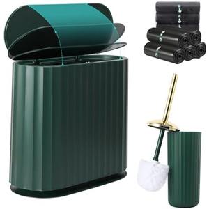 XLHOMO Small Bathroom Trash Can with Press Type Lid, Toilet Brush and Holder Set, Slim Dark Green Bathroom Garbage Can, Slim Narrow Trash Bin 2.6 Gallon Garbage Bin, 75Counts Trash Bags