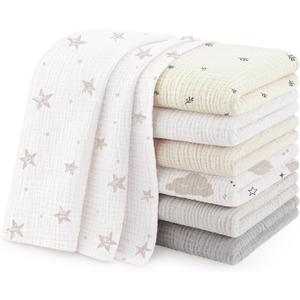 Susurration Muslin Burp Cloths 24x24 Inches Ultra Soft 100% Cotton, 4 or 7 Pack Baby Washcloths for Newborn, Absorbent Burp Rags & Swaddle Blankets (Star)