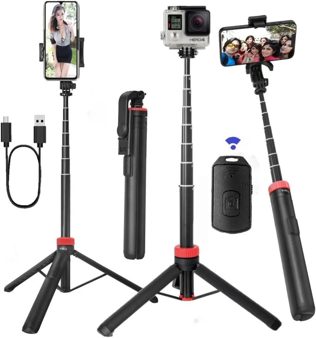 66" Tripod for iPhone & Camera, Portable Phone Tripod with Rechargeable Remote Control and Rotate Phone Stand, Selfie Stick for iPhone/Gopro and Cameras (Red, 66 in)