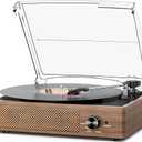 Record Player for Vinyl with 2 Build-in Speakers LP Vinyl Players Belt-Driven Vintage Turntables 3 Speed 3 Size, Wireless Bluetooth Playback, AUX-in,RCA Out, Headphone, Auto Stop Wood