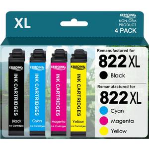 Remanufactured for 822 Ink Cartridges for Epson 822XL Ink Cartridges 822 822 XL with Workforce Pro WF-3820 WF-3823 WF-4820 WF-4830 WF-4833 Printer (4Pack, Black Cyan Magenta Yellow)