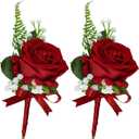 Rinlong 2Pcs Red Rose Boutonnieres with Pins for Groom, Groomsmen | Fall Wedding, Prom, Homecoming