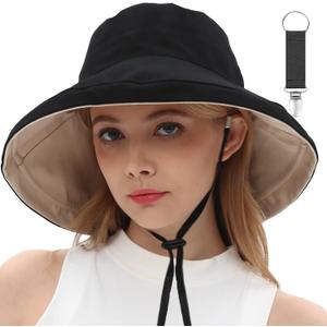 vidsel Womens Sun Hats Wide Brim Reversible Bucket Cotton Hat Packable Summer Travel Cap with Hat Clip,UV Protection