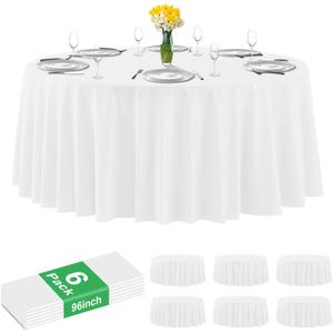 6 Pack Premium White Plastic Table Cloth -96 Inch Round Tablecloth, Disposable Tablecloth Plastic Table Cover for Parties (6, White, 96" Round)