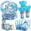 350 PCS Shark Birthday Party Decorations for 50 Guests Include Paper Plate, Napkin, Cup and Disposable Plastic Cutlery