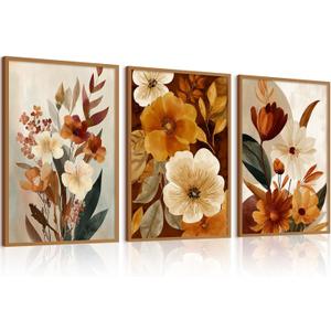 Boho Flower Wall Art Vintage Abstract Floral Prints Botanical Canvas Wall Decor Flower Farmhouse Pictures Fall Plant Poster Rustic Autumn Floral Artwork for Bedroom Living Room 16x24x3 Inch Unframed