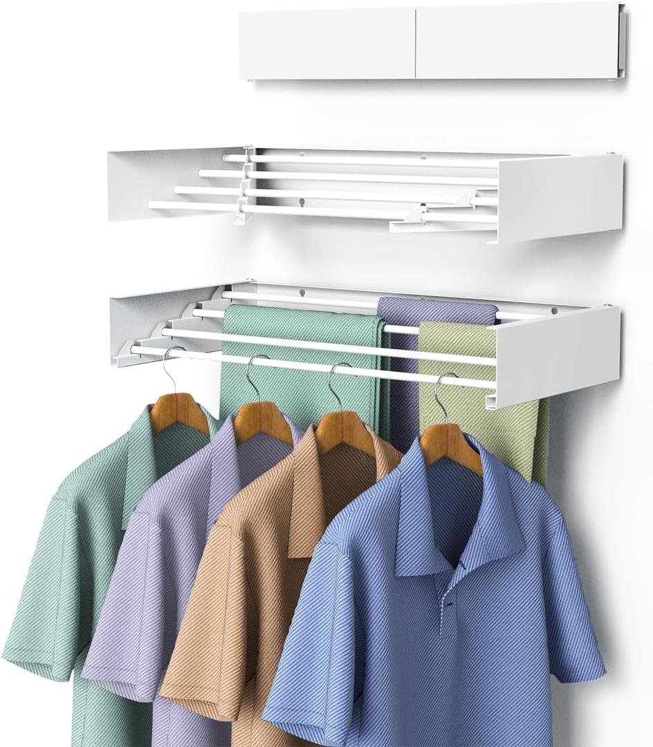 Laundry Drying Rack, Collapsible Wall Mounted Clothes Drying Rack - Drying Rack Clothing Foldable,Space Saving, 32" Wide, 13.2 Linear Ft, 5 Aluminum Rods, 60 lb Capacity (White, 32"), 31.5 Inch
