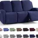 KinCam Recliner Covers, Stretch Reclining Chair Covers, Recliner Sofa Slipcovers Stripe Jacquard Recliner Couch Covers Furniture Protector Covers for Pet Kid (3 Seater, Dark Blue)