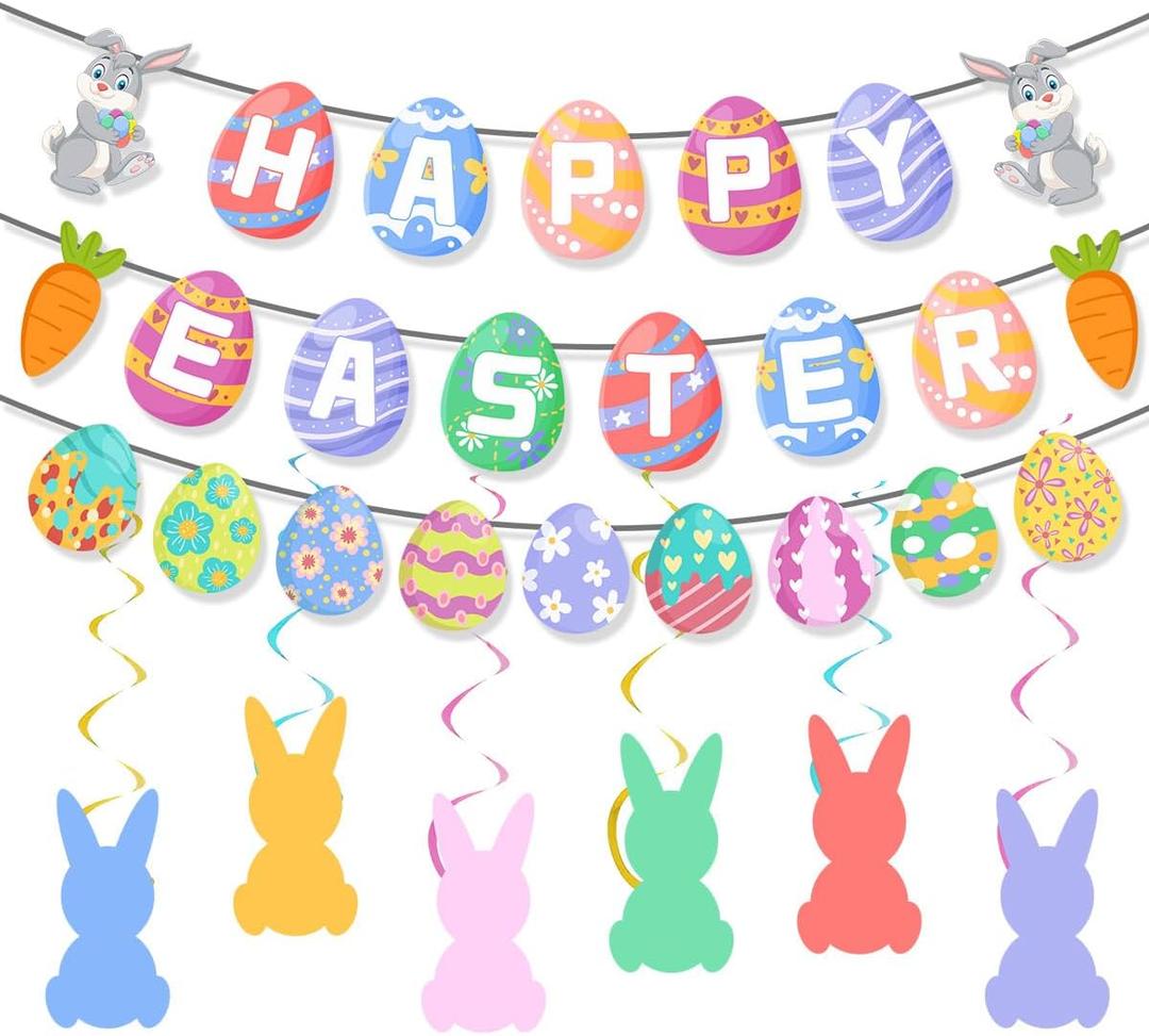 Happy Easter Banner Easter Decorations for Home Garland Eggs Banner Cute Bunny Hanging Swirl for Spring Decor Party