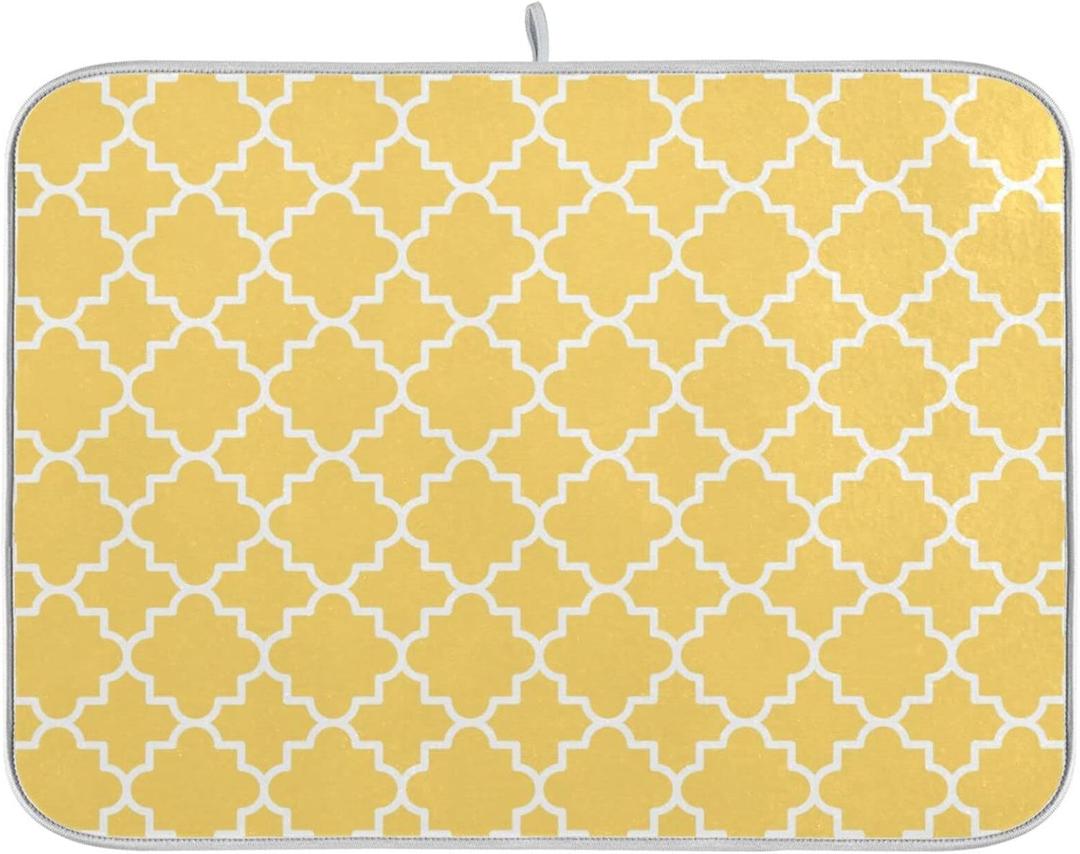 Super Absorbent Dish Drying Mat, Microfiber Fast-Drying Dish Mat, 24" x 18", Kitchen Dish Drying Pad, Quatrefoil Lattice Yellow Pattern