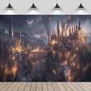 7x5ft Magic School Backdrop Wizard Castle School Black Woods Lake Forbidden Forest Bridge Falling Snow Scenery Background Kids Birthday Halloween Party Decor Photo Booth Studio Props