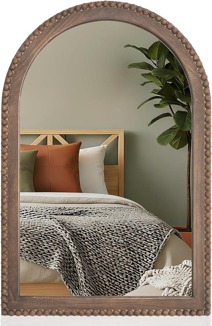 Vercraft 30"x20" Arched Wall Mirror with Wooden Beaded Frame, Rustic Brown