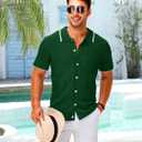 LETSEE Linen Shirts for Men Short Sleeve Blouse Button Down Dress Untuckit Shirts Beach Summer Wedding Hawaiian Outfit (Green, M)
